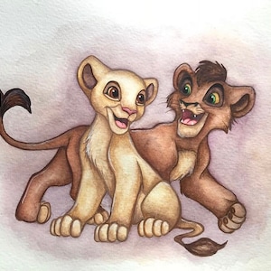 May include: A watercolor painting of two lion cubs. The lion cub on the left is light brown with a white face and a black tail. The lion cub on the right is brown with a black mane and a black tail. Both cubs are looking at the viewer and have their mouths open in a playful grin.