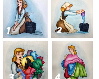 Cinderella - Cinderella Cleaning & Laundry - Watercolor Painting - PRINT