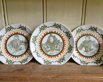 3 Holkham Pottery Shakespeare Exhibition side plates Queen Elizatheth I, Sir Francis Drake & Sir Walter Raleigh vintage