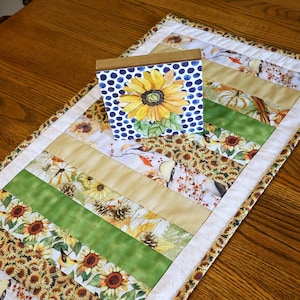 Sunflower Table Runner, Fall, Summer, Spring, Table Runner, Wall Hanging, Quilted, Sunflowers, Birds, Pumpkins, 38"x 16", Autumn