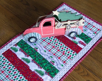 Christmas Table Runner, Christmas, Wall Hanging, Red Truck, Holly, Lights, Christmas Trees, Quilted, Table Runner, 38x16", Free Shipping