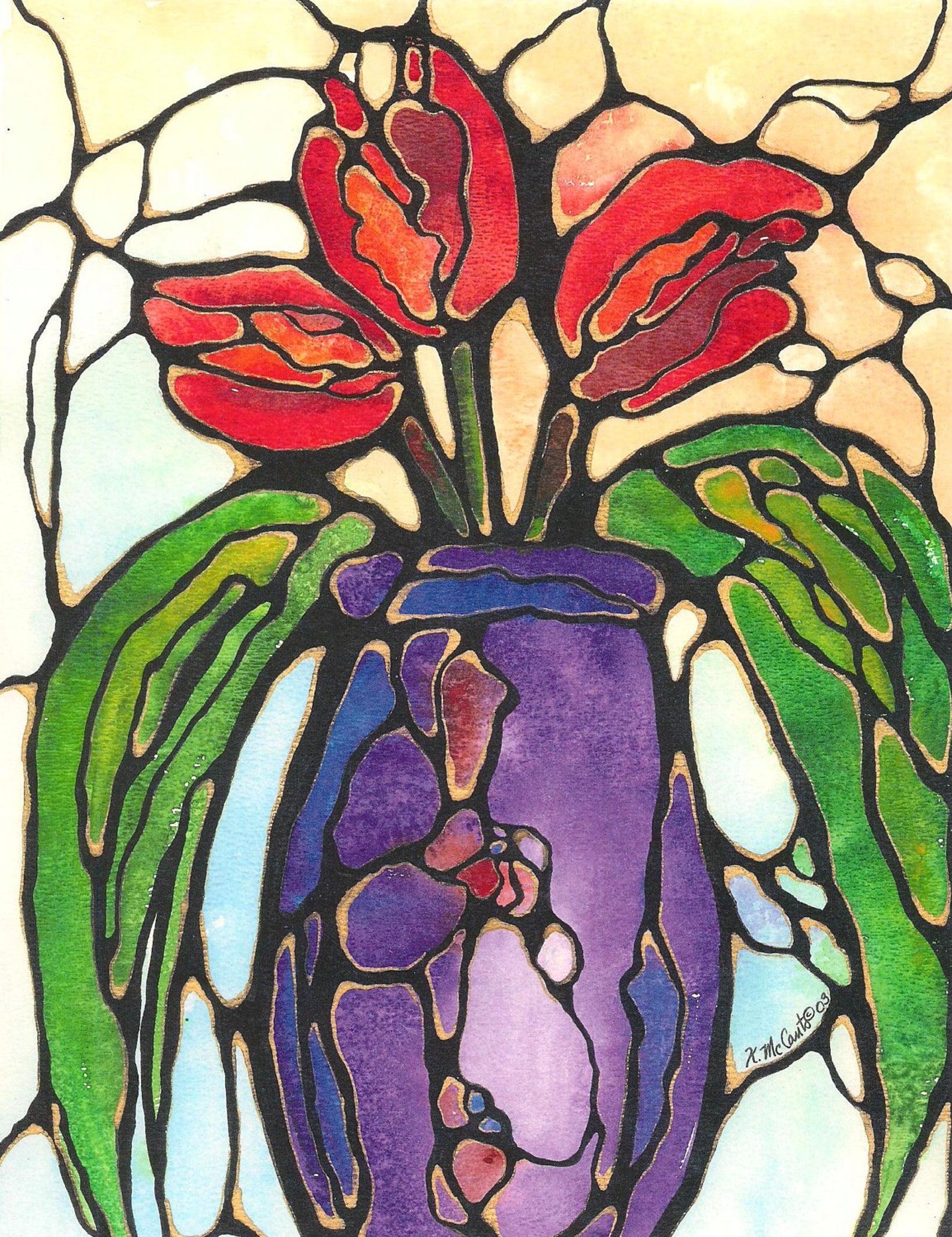 Lovely Three Red TULIPS in Purple Vase Stained Glass Style Etsy