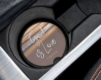 God is Love Soapstone Car Coaster, 1 John 4:8 Cupholder Coaster, absorbs all moisture from your cold or hot en-route drinks and looks great