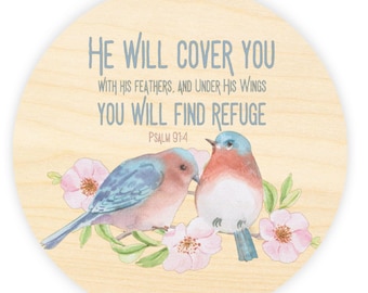 Bible Verse Wood Sign, 8”x8” Psalm 91:4 Wall Decor, made with highly durable Baltic birch wood, ships with a twine string and a hanging hook