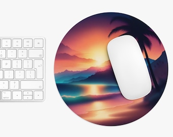 Round Sunset Mouse Pad, Round neoprene construction with a non-slip rubber bottom will prevent any mishaps, Tropical beach and mountains