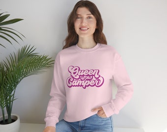Queen of the Camper, Heavy Blend Crewneck Sweatshirt, Camping Sweatshirt, Women’s sweatshirt, Black, Grey, White and Pink, Camping gift
