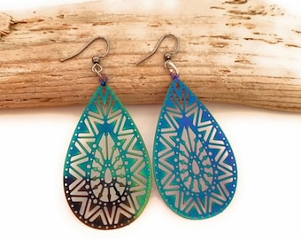 Filigree Teardrop Rainbow Electroplated Earrings - Dangle Earrings change from green to purple and blue - Perfect Gift -Lightweight earrings