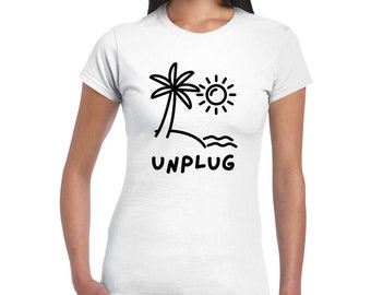 UNPLUG Women's T-shirt, keep life simple, unplug tee in white, grey and red, fun summer graphic tee, trendy shirt for vacation and cruises