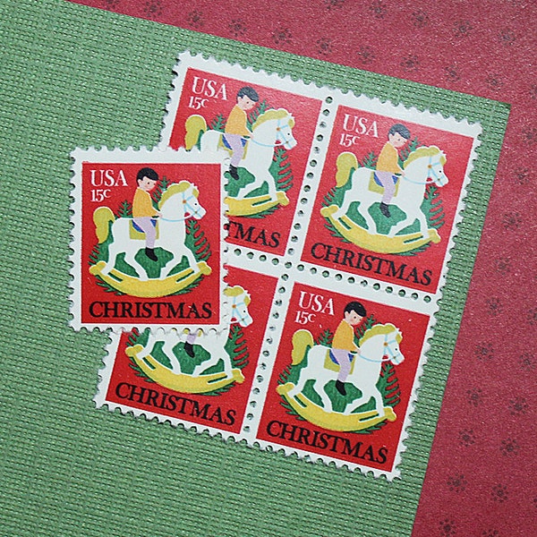 Ten 15c Child on Hobby Horse .. Vintage Unused US Postage Stamps .. Christmas, Winter Holiday, Seasonal, Rocking Horse
