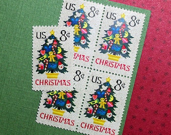Ten 8c Christmas Tree in Needlepoint .. Vintage Unused US Postage Stamps .. Christmas, Winter Holiday, Seasonal, Sewing