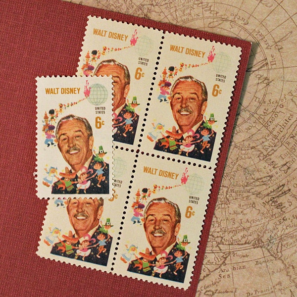 Ten 6c Walt Disney .. Vintage Unused US Postage Stamps .. Disneyland, Amusement Parks, Cartoons, Mickey Mouse, Donald Duck