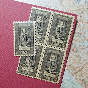 Dez 5 centavos William Shakespeare .. Selo postal americano antigo não utilizado .. Teatro Inglês, O Bardo, Hamlet, Romeu e Julieta, Macbeth
