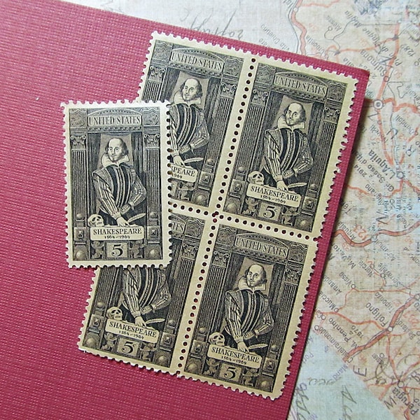 Ten 5c William Shakespeare .. Vintage Unused US Postage Stamp .. English Theatre, The Bard, Hamlet, Romeo and Juliet, Macbeth