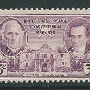 May include: A purple 3-cent postage stamp commemorating the Texas Centennial, 1836-1936. The stamp features portraits of Sam Houston and Stephen F. Austin, with the Alamo in the background. The text "UNITED STATES POSTAGE TEXAS CENTENNIAL 1836-1936 THE ALAMO" is printed on the stamp.