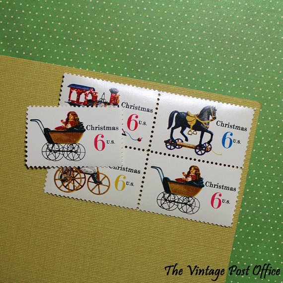 1970 Vintage Christmas Toys Block of Four 6-Cent US Postage Stamps Mint  Never Hinged