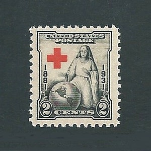 Sello postal estadounidense antiguo sin usar de 2 c. CRUZ ROJA estadounidense emitido en 1931. Paquete de 10 sellos