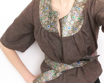 Vintage Fabric Cropped Jacket with Belt (S/M)