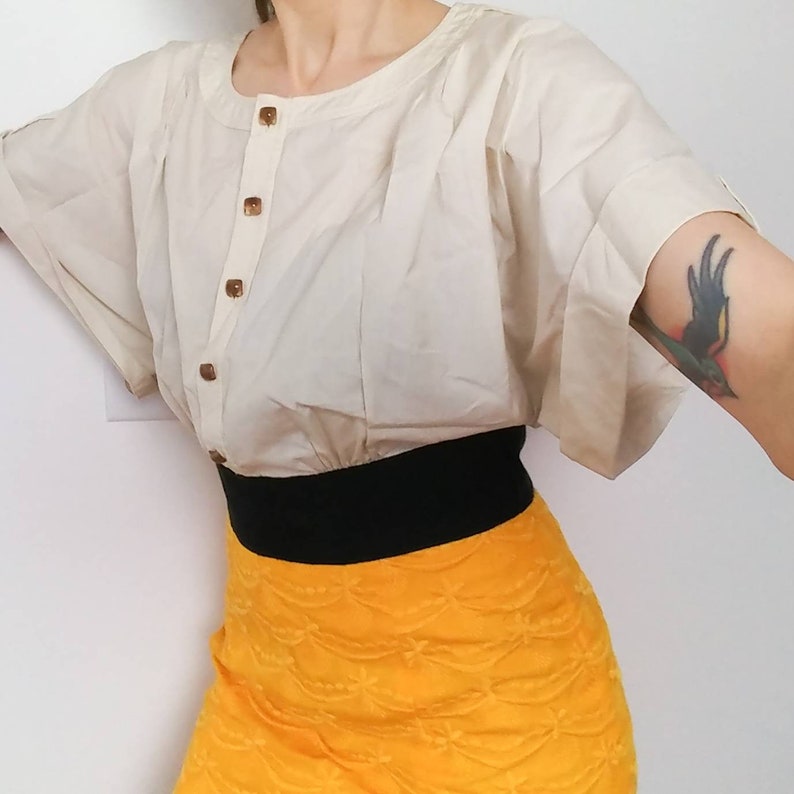 FREE SHIPPING Vintage inspired dress, size 10 beautiful golden yellow pencil skirt w/off white bloused top image 1