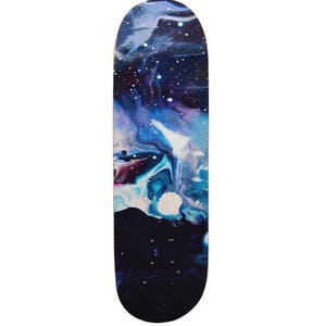 May include: A blue and white skateboard deck with a galaxy-like design. The deck has a rounded shape and is made of wood.
