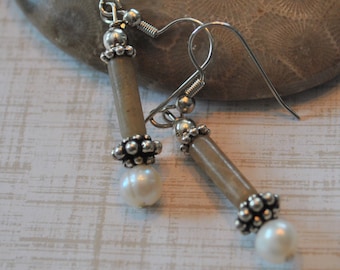 Petoskey stone earrings with pearls, sterling silver beads, Up North, Lake Michigan