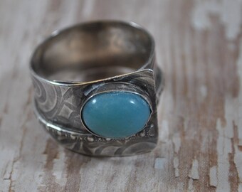 Sterling silver and blue Amazonite adjustable ring, textured metal, boho, wide band, floral design, sterling jewelry, handcrafted