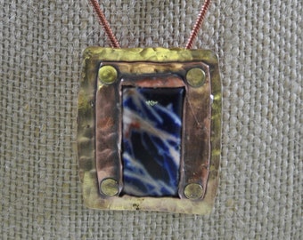 Blue sodalite stone on brass and copper pendant on copper chain necklace Boho, gemstone