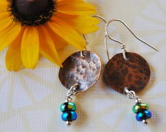 Round Copper earrings with blue and green dangles,  metal earrings, rustic earrings, artisan earrings
