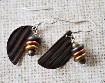 Corrugated Copper dangling earrings,  metal earrings, rustic earrings, artisan earrings