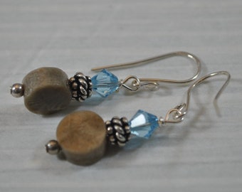 Petoskey stone earrings with blue crystals, Up North Michigan, Lake Michigan, sterling earrings