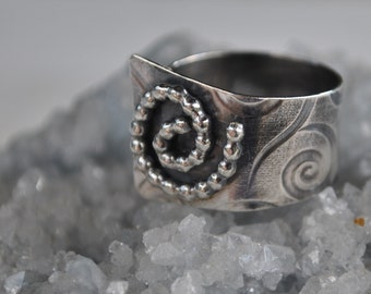 Sterling silver adjustable ring, textured metal, boho, wide band, swirl design, sterling jewelry, handcrafted