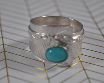 Sterling silver and teal Amazonite adjustable ring, textured metal, boho, wide band, leaf design, sterling jewelry, handcrafted