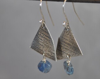 Sterling silver and blue Kyanite stone earrings, textured metal earrings, artisan earrings