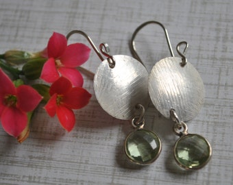 Sterling silver dangling earrings, textured metal earrings, green, artisan earrings