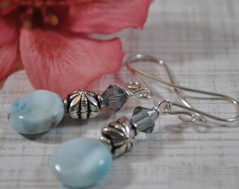 Larimar gemstone earrings, Bali sterling silver, blue and white, handcrafted