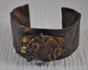 Ammonite Fossil copper cuff,  rustic copper bracelet, metal work, boho, unisex