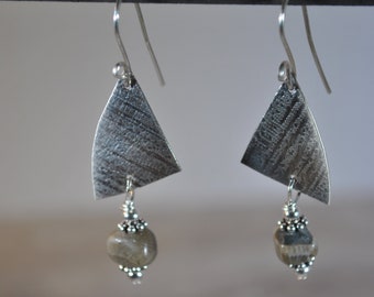 Sterling silver and Petoskey stone earrings, textured metal earrings, artisan earrings