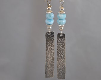 Larimar gemstone earrings, Bali sterling silver, blue and white, handcrafted