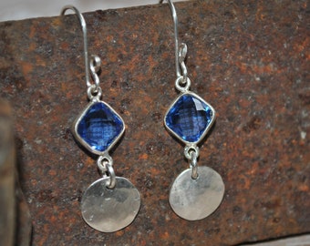 Sterling silver dangling earrings, textured metal earrings, navy blue, artisan earrings