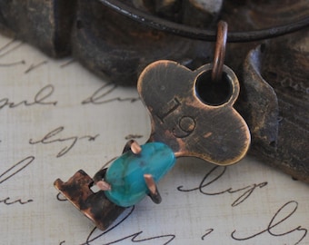 Brass key pendant with Genuine Turquoise stone necklace, rustic,  metal necklace