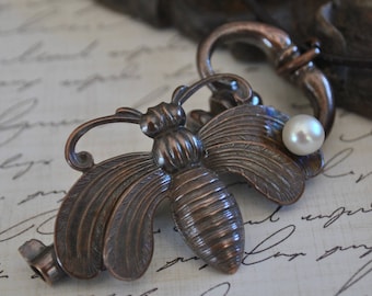 Brass key pendant with brass bee and white freshwater pearl necklace, rustic,  metal necklace, bee keeper necklace