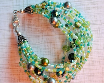 9 Strand Green Bracelet with pearls and crystals Multi-Strand bracelet