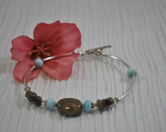 Petoskey Stone Bracelet with Larimar and sterling silver tube beads , Up North Michigan bracelet, fossil bracelet