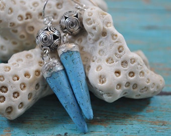 Cerulean Blue ceramic spike earrings with sterling silver Bali beads, handcrafted jewelry, Boho