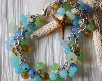 Beach bracelet of blues, greens, and yellow recycled glass, ocean bracelet, summer bracelet