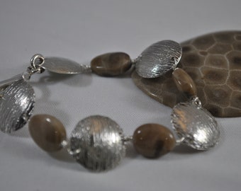 Sterling silver and Petoskey stone bracelet set,  electro-etched, handcrafted, OOAK