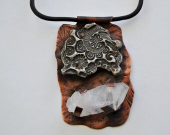 Rustic Quartz crystal with stamped floral design on copper pendant on leather necklace Boho, gemstone, unisex