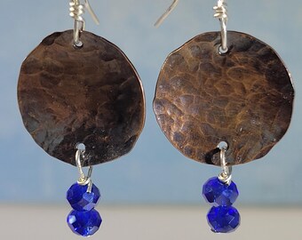Copper and blue earrings, hammered metal, rustic artisan earrings