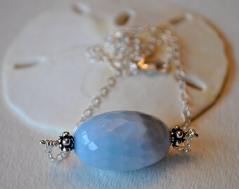 Faceted Baby Blue Agate Necklace on Sterling Silver chain    simple, boho, minimalist