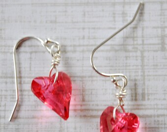 Hot Pink crystal Heart earrings, Valentine earrings, gift for her, love