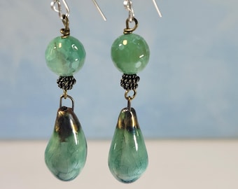 Ceramic drop earrings with brass and stone beads, handcrafted jewelry, Boho